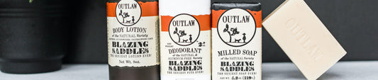 Blazing Saddles natural deodorant, body lotion and bar soap by Outlaw