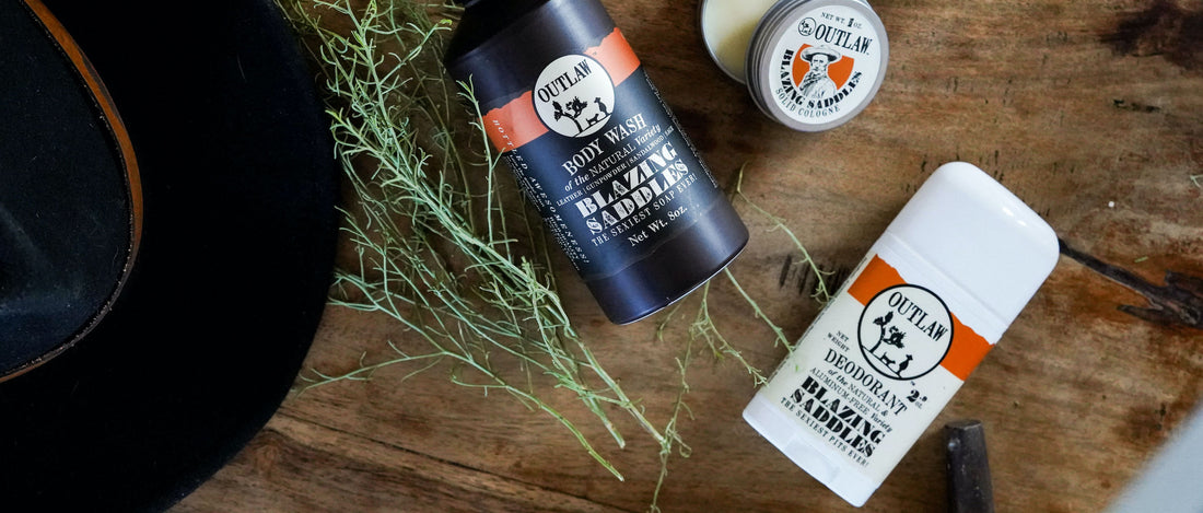 Blazing Saddles natural deodorant, body wash and solid cologne by Outlaw
