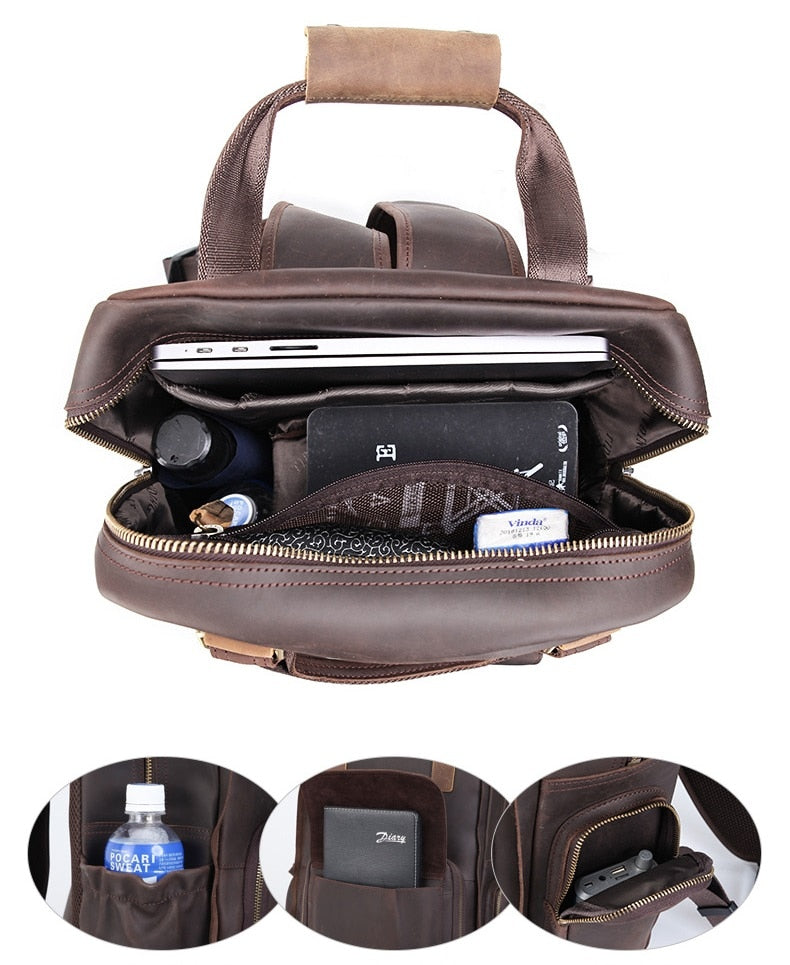 Gaetano Large Leather Backpack Camera Bag with tripod holder, showing a laptop, water bottle, and black diary inside, highlighting organized compartments and rugged leather design.