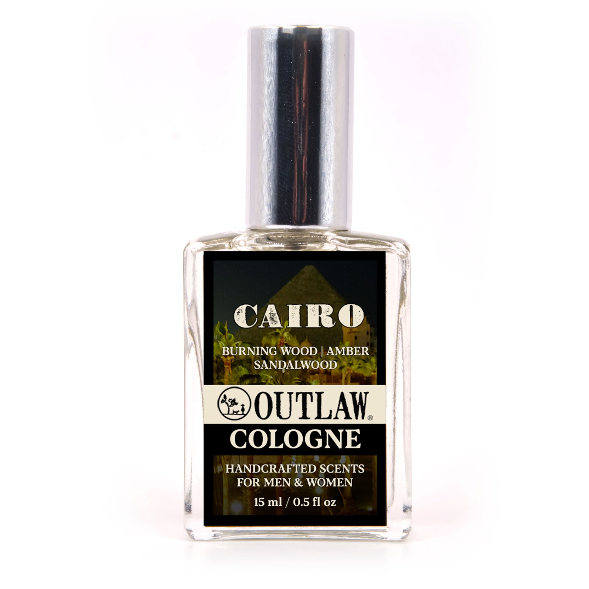 CAIRO Sample Cologne - November's Scent of the Month, a 15 ml bottle with a silver cap, featuring a label evoking Cairo's smoky allure.