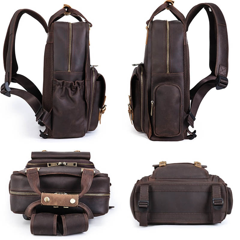 The Gaetano Large Leather Backpack Camera Bag, featuring multiple zippers and compartments, designed for carrying camera gear and a laptop.