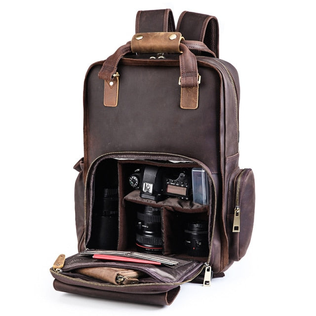 Steel Horse Leather The Gaetano Large Leather Backpack Camera Bag with Tripod Holder