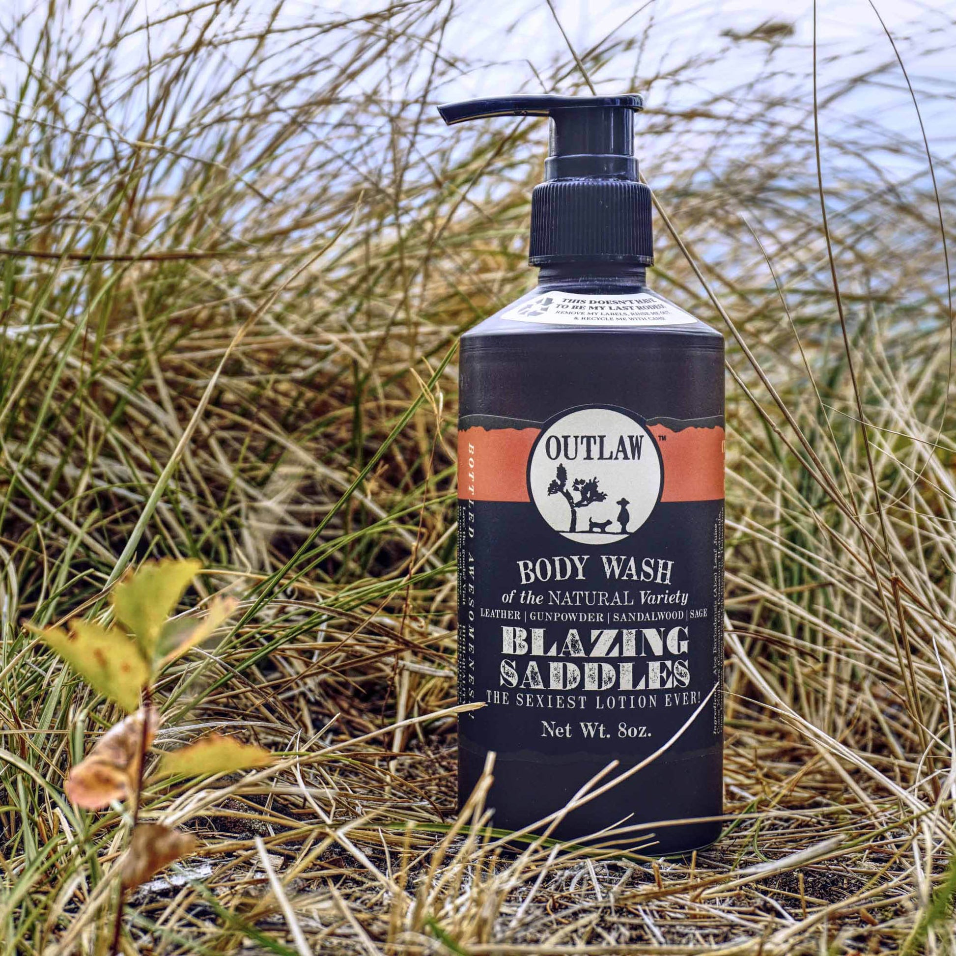 Outlaw natural body wash in Blazing Saddles leather and sage scent
