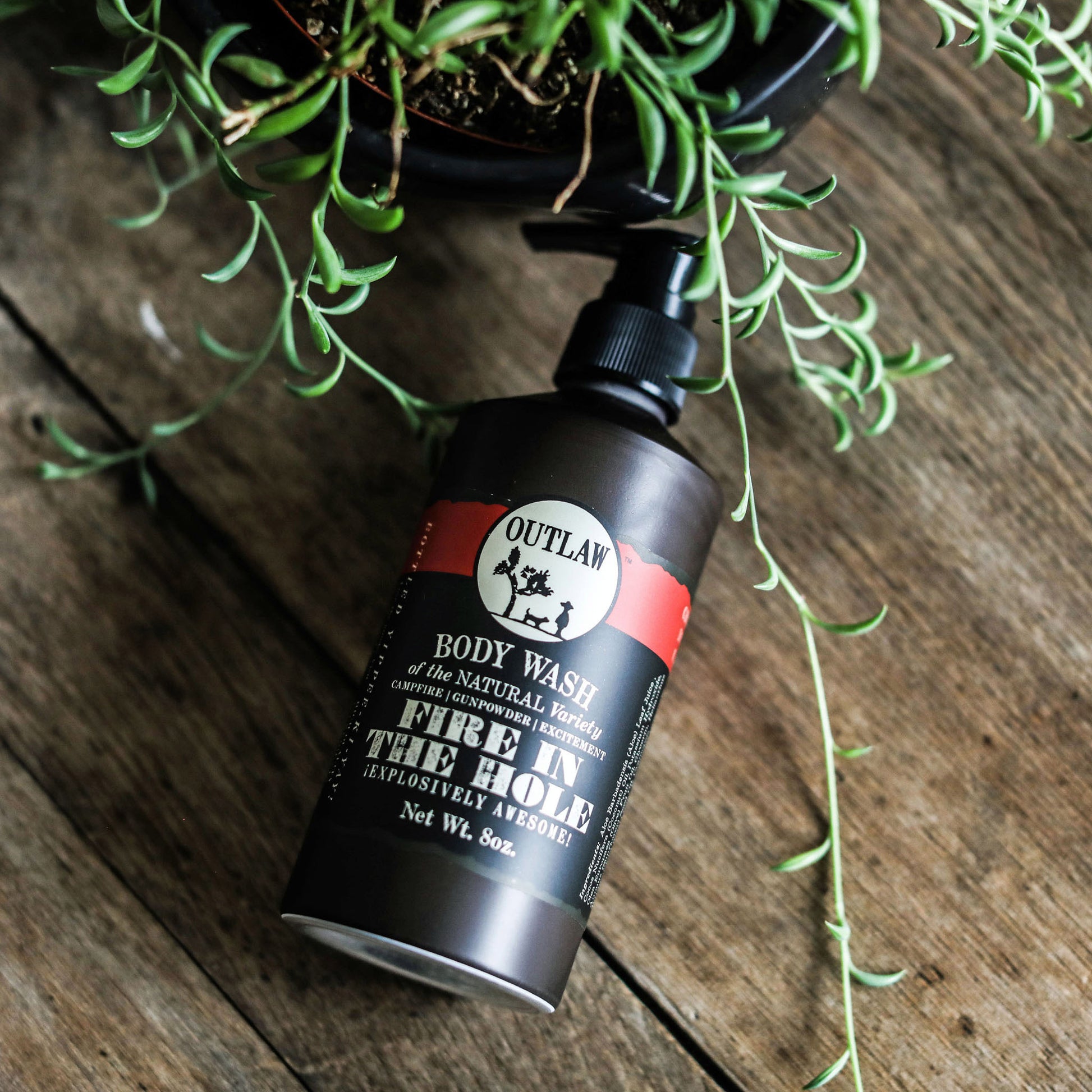 Natural body wash with Fire in the Hole campfire scent by Outlaw