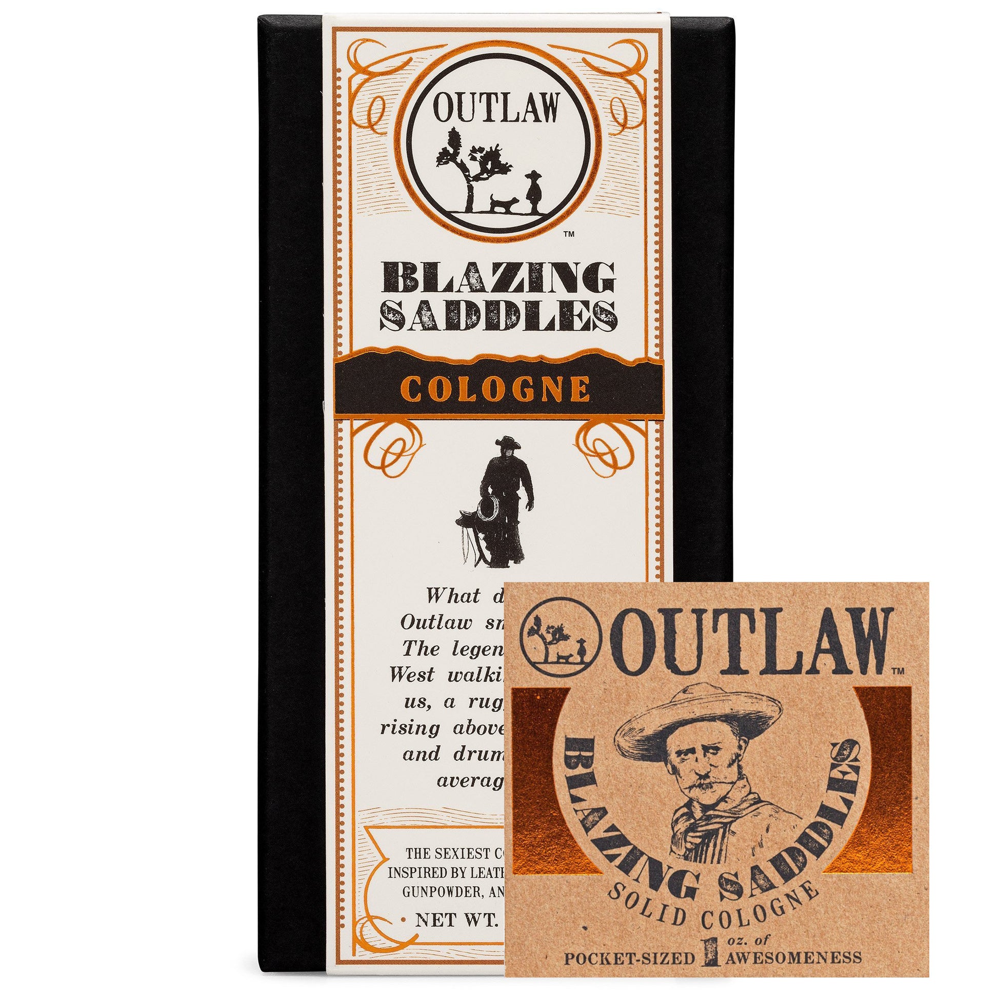 Spray and solid cologne with Blazing Saddles leather and whiskey scent by Outlaw